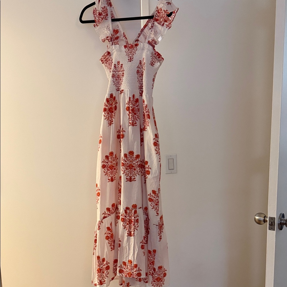 Smocked Square-Neck White Maxi Dress with Blue Floral Print - Picture 4 of 10